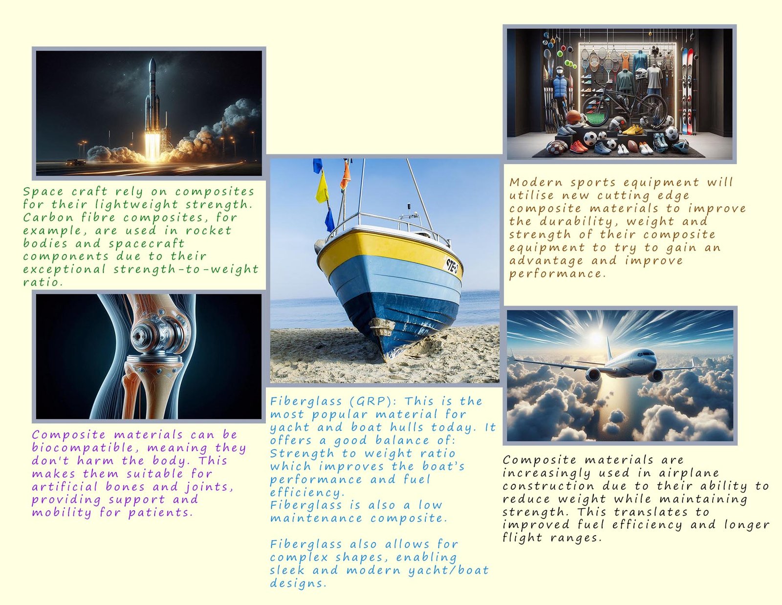 Montage image showing the uses of common composite materials and why they are used